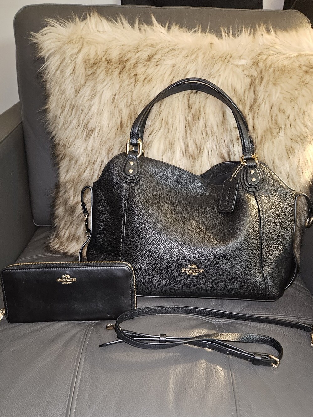 Coach Black Pebbled Leather Satchel with Wallet and Strap